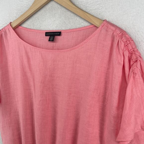 SAKS FIFTH AVENUE Top Womens S Linen Ruched Smocked Short Sleeve Pink NEW - Picture 5 of 11